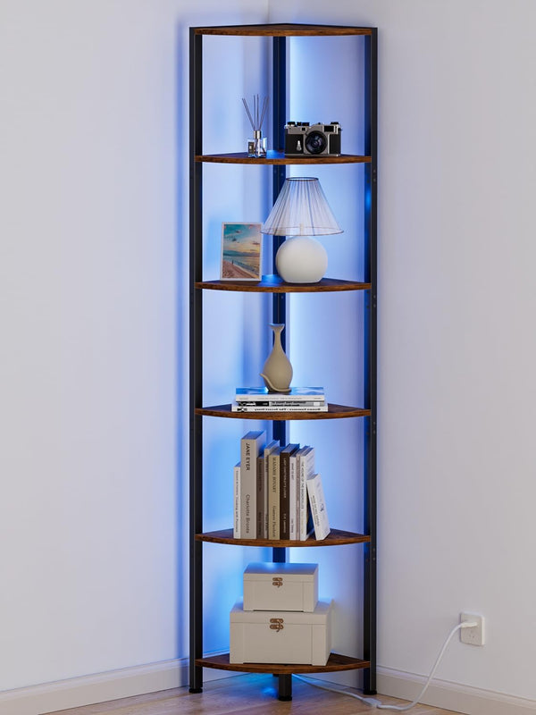 6 Tier Corner Shelf with LED Light, 67.5” Tall Standing Shelf Organizer, Narrow Bookshelf with Storage Rack for Wall Corner, Living Room, Bedroom, Metal Frame, Wood Display Shelf